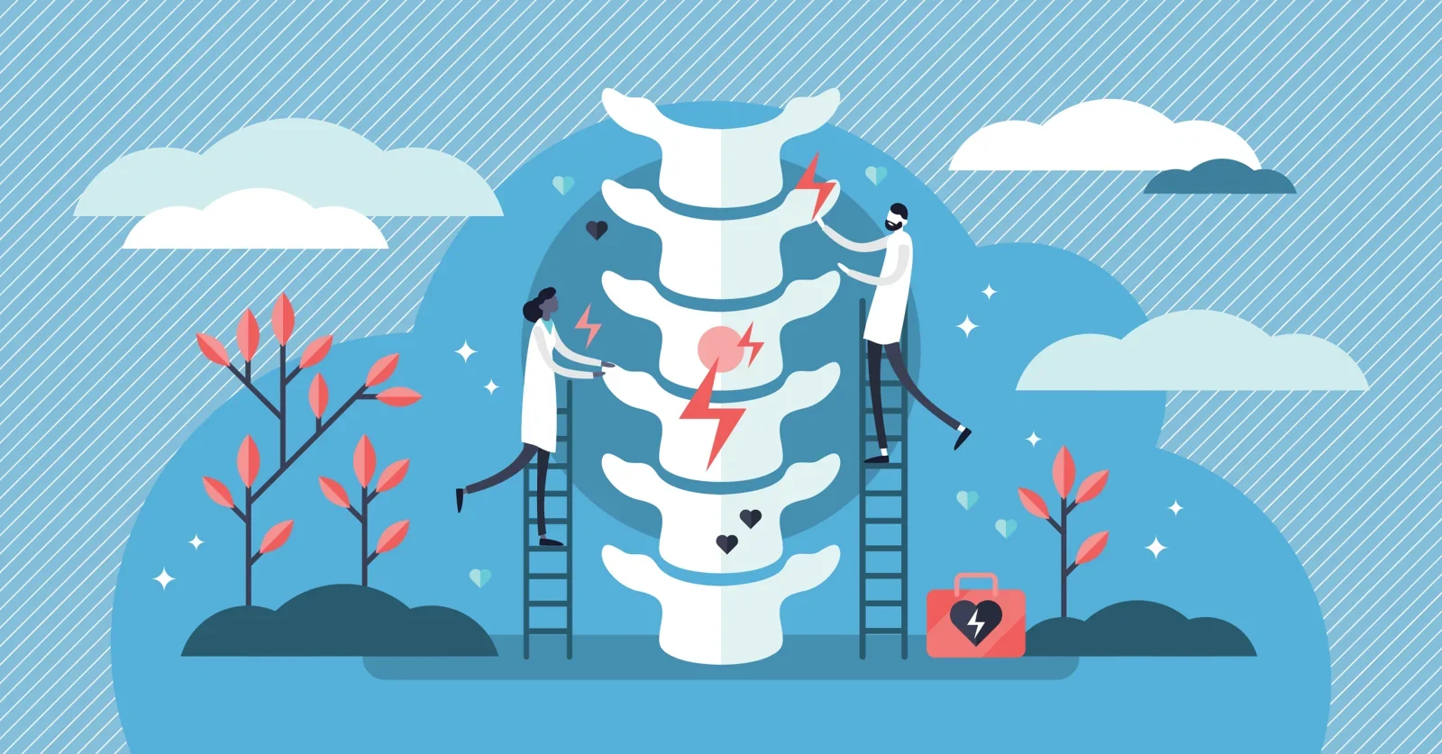 Illustration of clinicians examining a spine with pain points, representing neuropathic pain and CRPS treatment